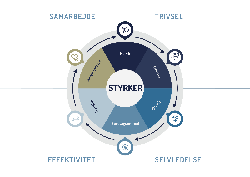 Billedet illustrerer Modellen for Styrkeledelse, som bruges på Styrkelederuddannelsen til at implementere styrkebaseret ledelse i praksis. Modellen forbinder teori og praksis, og er et vigtigt redskab for Styrkelederuddannelsen.