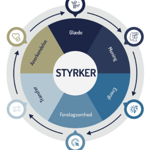 Modellen for Styrkeledelse, der viser den cirkulære proces fra styrker til arbejdsglæde og transfer i praksis.